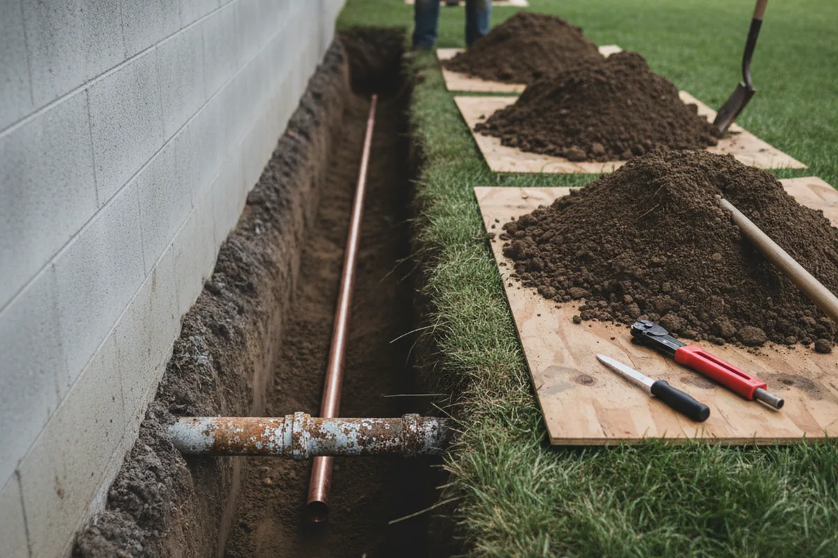 Excavated water line trench during Sewer Line Repair in Beech Bottom